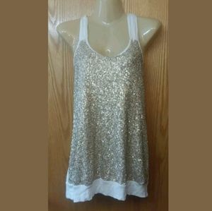 Express Gold Sequined Ivory Knit Top